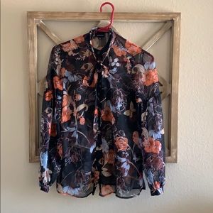 Sheer floral neck tie detail button front blouse